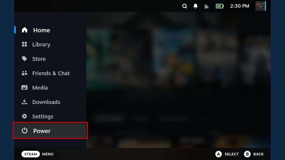 Steam Deck Power menu.