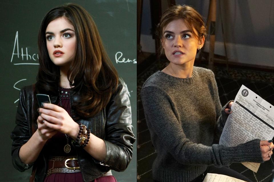 Lucy Hale as Aria Montgomery in Season 1 (left) and Season 7 (right)