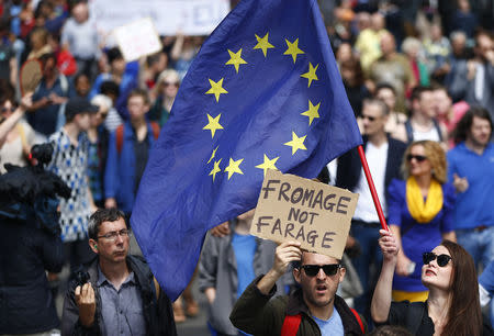 People hold banners during a 'March for Europe' demonstration against Britain's decision to leave the European Union, in central London, Britain July 2, 2016. Britain voted to leave the European Union in the EU Brexit referendum. REUTERS/Neil Hall