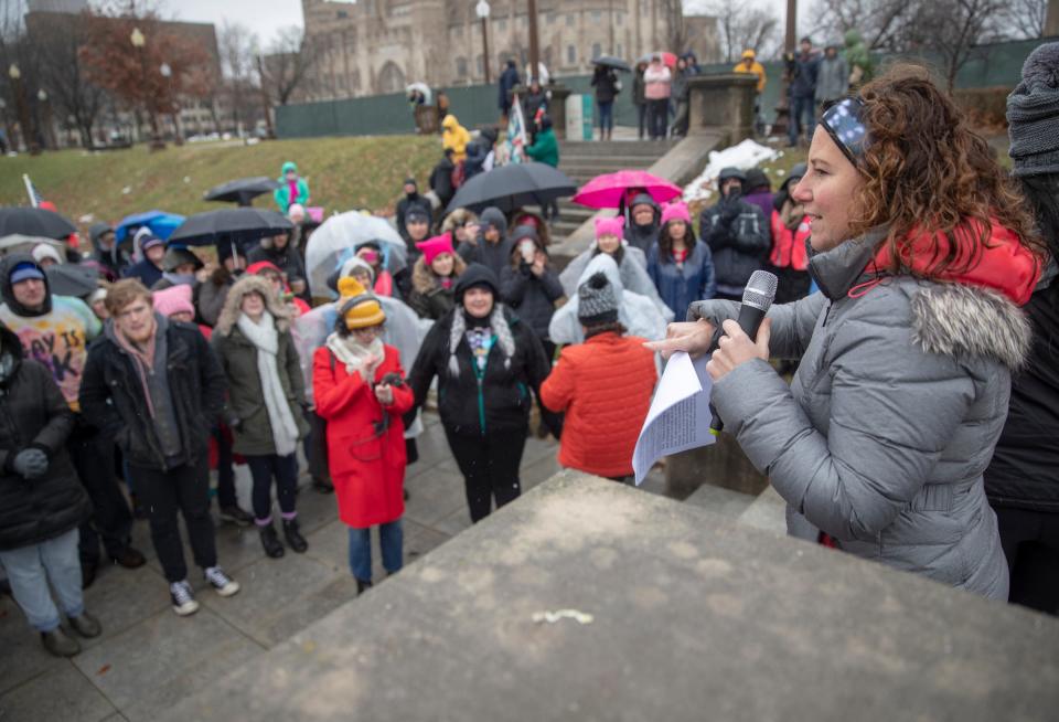Shelly Fitzgerald, a Roncalli High School counsellor who had been placed on administrative leave, speaks during the Women's March, Indianapolis on Jan. 19, 2019.