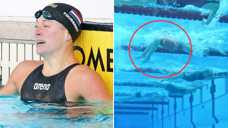 Dutch swimmer Kira Toussaint was accused of doing an illegal kick underwater in her semi-final. Pic: Getty/Ch7