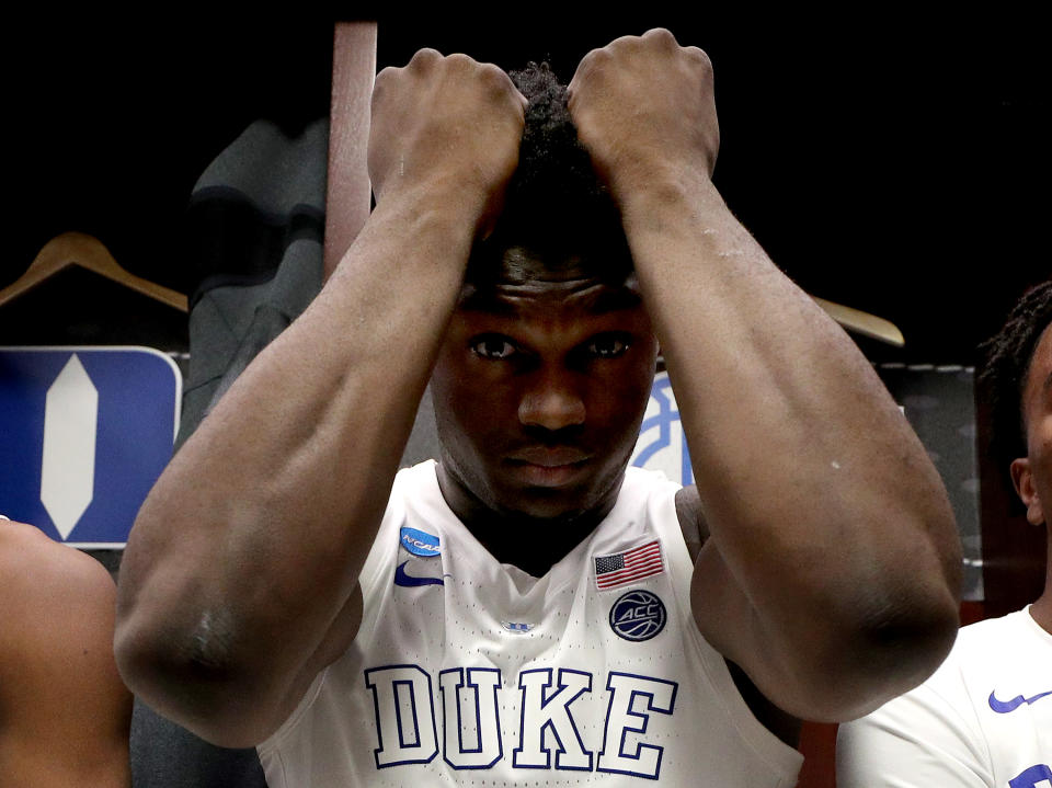 Zion Williamson of the Duke Blue Devils reacts after his team's 68-67 loss to the Michigan State Spartans in the 2019 NCAA basketball tournament. (Getty)