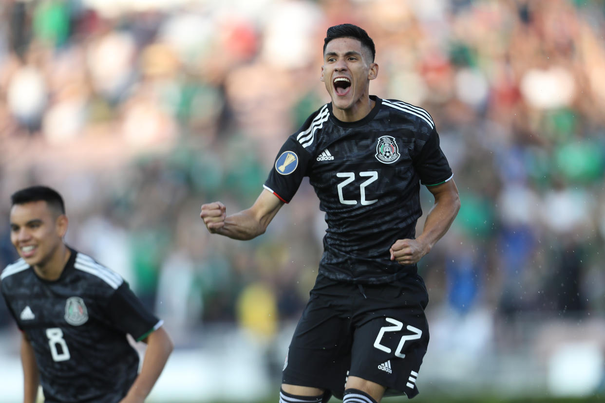 PASADENA, CA - JUNE 15: Uriel Antuna #22 of Mexico celebrates after scoring his team's first goal during a CONCACAF Gold Cup Group A match between Mexico and Cuba at Rose Bowl on June 15, 2019 in Pasadena, California. (Photo by Omar Vega/Getty Images)