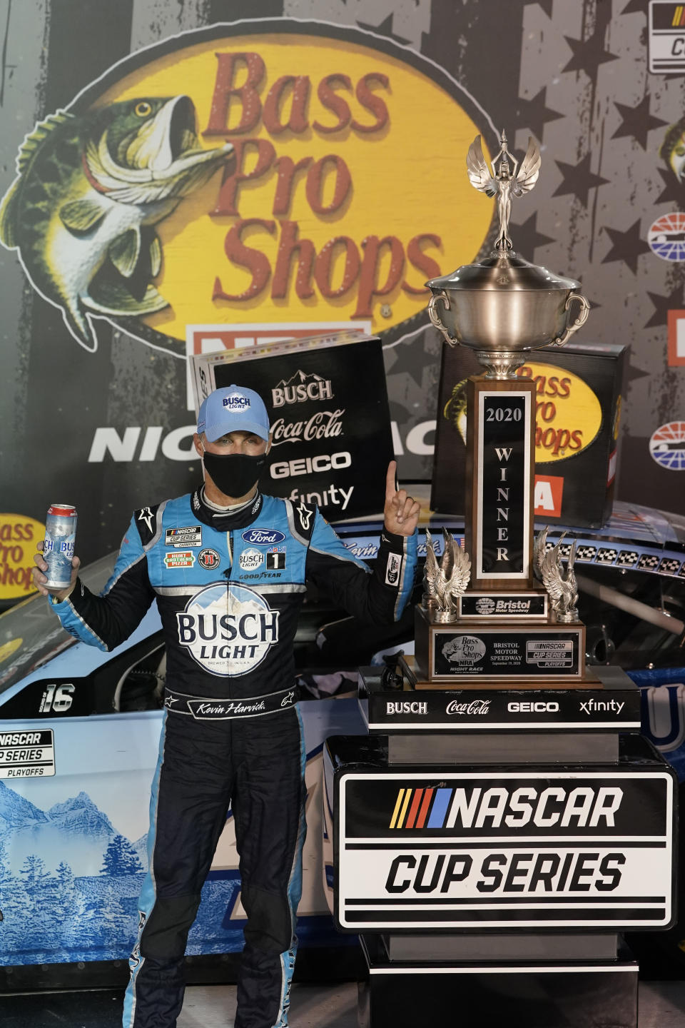 Kevin Harvick celebrates in Victory Lane after his win in the NASCAR Cup Series auto race Saturday, Sept. 19, 2020, in Bristol, Tenn. (AP Photo/Steve Helber)