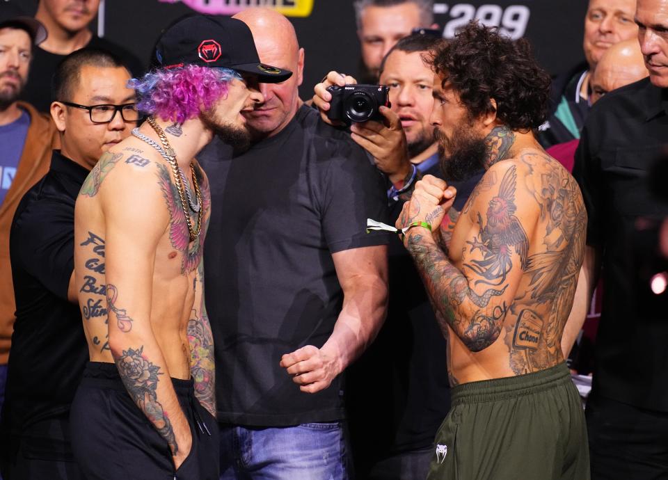 Sean O’Malley (left) and Marlon ‘Chito’ Vera at Friday’s weigh-ins (Zuffa LLC via Getty Images)