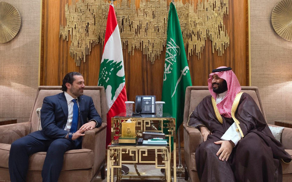 FILE - In this photo released by Lebanon's official government photographer Dalati Nohra, Saudi Crown Prince Mohammed bin Salman, right, meets with. then Lebanese Prime Minister Saad Hariri in Riyadh, Saudi Arabia, Oct. 30, 2017. Televised comments by George Kordahi, a Lebanon Cabinet minister about the war in Yemen exposed the depth of the crisis with Saudi Arabia, once a strong ally that poured millions and offered unwavering political support in this small Mediterranean nation. The crisis over veered into diplomatic isolation of Lebanon and threatens to split a new coalition government tasked with halting the country’s economic meltdown. (Dalati Nohra via AP, File)