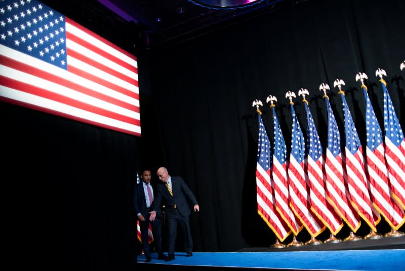 Security check the area before the arrival of Democratic U.S. presidential candidate Bloomberg during the campaign event "Women for Mike" in the Manhattan borough of New York City, New York