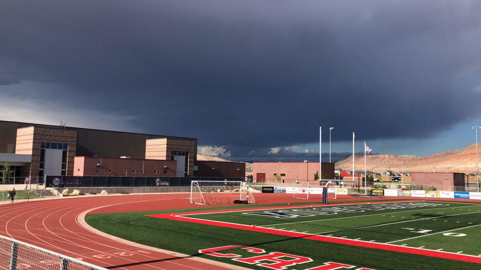 Heavy rainclouds brought lightning and a delay to the planned 7 p.m. start of the Crimson Cliffs football team's matchup with Spanish Fork on Friday.