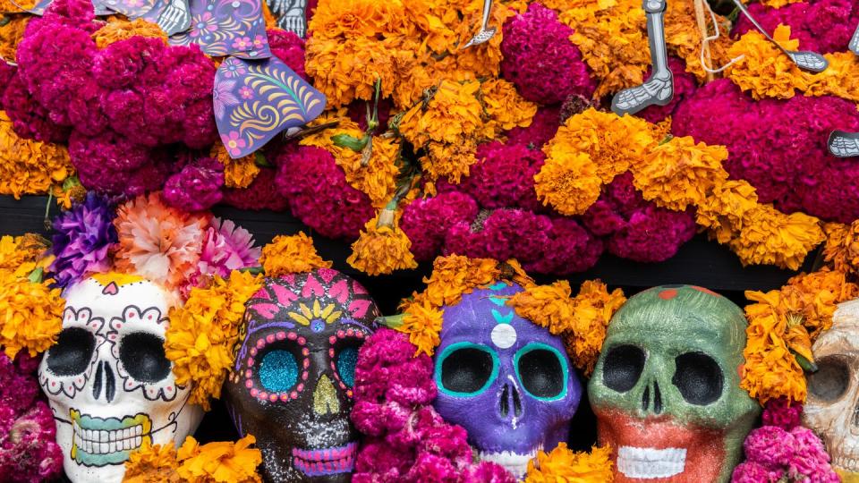 aztec marigold flowers and sugar skulls in mexico city, mexico