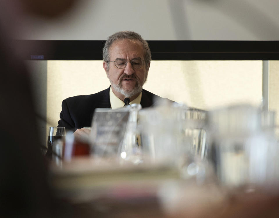 UM President Mark Schlissel addresses recent sexual misconduct from former Provost Martin Philbert at the Board of Regents meeting on Thursday, Feb. 20, 2020. Philbert was placed on paid leave in January following accusations of sexual misconduct. (Jenna Kieser/Ann Arbor News via AP)