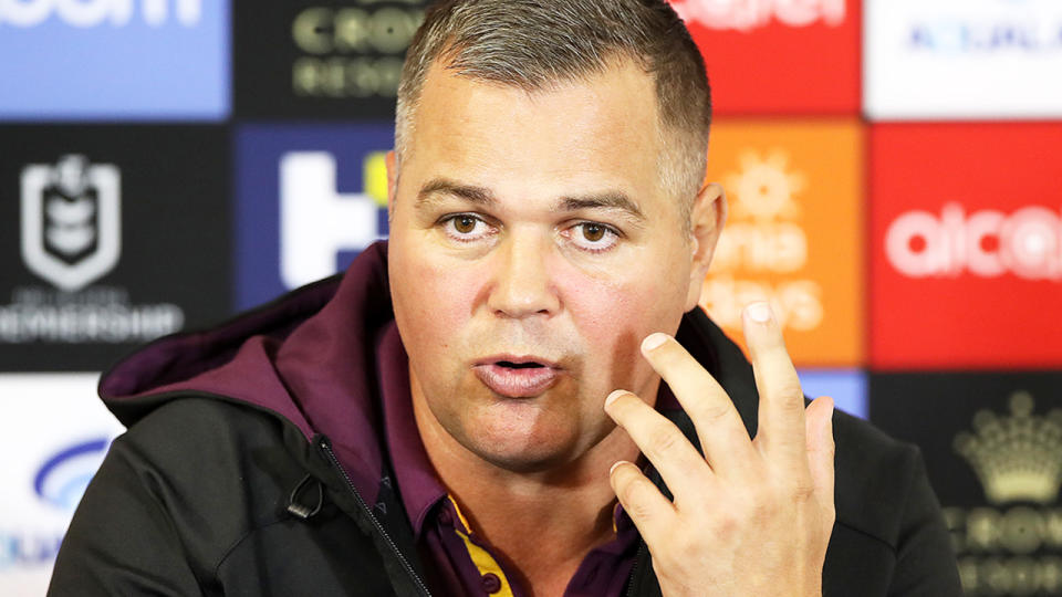 Anthony Seibold, pictured here speaking to the media after a Brisbane Broncos game.