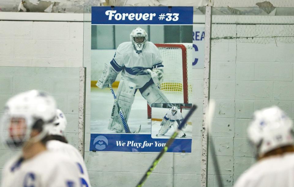 The Southeastern/Bristol-Plymouth hockey team honored Dylan Quinn during a game against South Shore Tech at Raynham IcePlex on Saturday, Jan. 21, 2023.