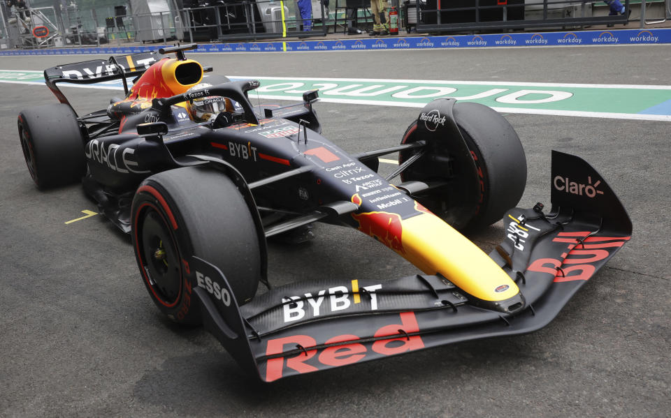 Red Bull driver Max Verstappen of the Netherlands pulls out of the pit lane during the first practice session ahead of the Formula One Grand Prix at the Spa-Francorchamps racetrack in Spa, Belgium, Friday, Aug. 26, 2022. The Belgian Formula One Grand Prix will take place on Sunday. (AP Photo/Olivier Matthys)