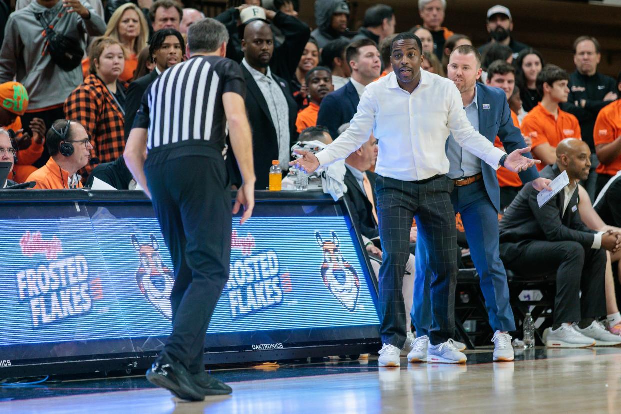 Jan 23, 2024; Stillwater, Oklahoma, USA; Oklahoma State Cowboys coach Mike Boynton reacts after a play during the second half against the TCU Horned Frogs at Gallagher-Iba Arena. Mandatory Credit: William Purnell-USA TODAY Sports