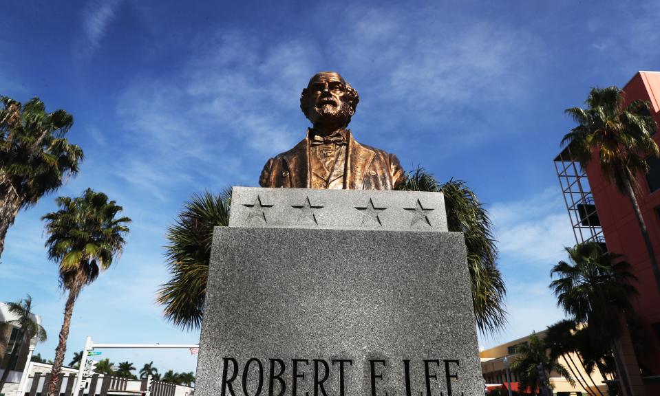 The Robert E. Lee bust has been put back on itâ€™s pedestal in downtown Fort Myers on Wednesday 3/13/2019. It was found Tuesday morning face down on the ground.  