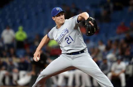 Apr 23, 2019; St. Petersburg, FL, USA; Kansas City Royals starting pitcher Homer Bailey (21) throws a pitch during the first inning against the Tampa Bay Rays at Tropicana Field. Mandatory Credit: Kim Klement-USA TODAY Sports