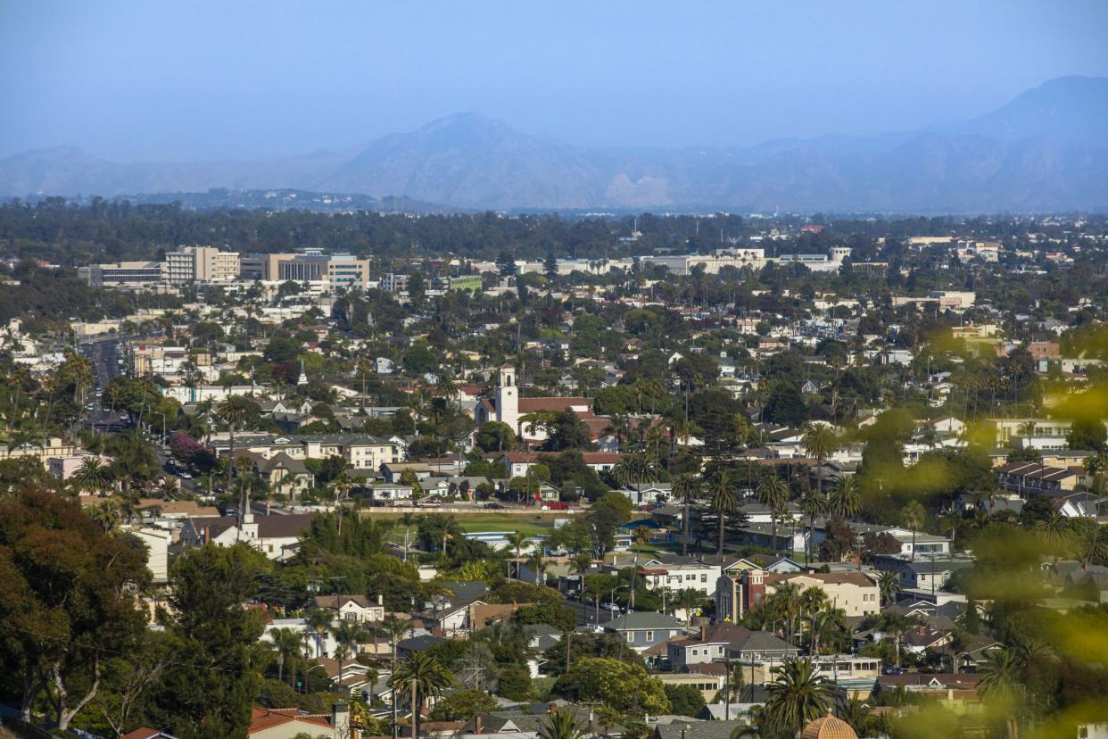 Aerial view of the city of Ventura and the skyline of Oxnard, California.