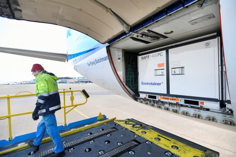 Cool boxes are being transported by airplane at Amsterdam's Schiphol Airport