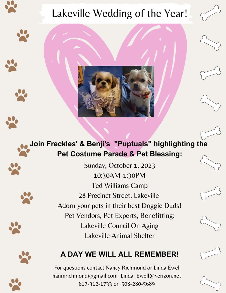Doggy wedding: The fundraising event will be held October 1st, from 10:30 a.m. to 1:30 p.m. at Ted Williams Camp in Lakeville.