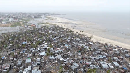 Drone footage shows destruction after Cyclone Idai in the settlement of Praia Nova, which sits on the edge of Beira, Mozambique, March 18, 2019 in this still image taken from a social media video on March 19, 2019. International Federation Of Red Cross And Red Crescent Societies via REUTERS