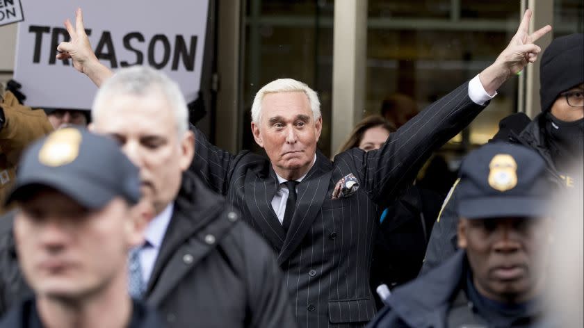 Roger Stone leaves the federal court Friday, Feb. 1, 2019 in Washington. Stone appeared for a status conference just three days after he pleaded not guilty to felony charges of witness tampering, obstruction and false statements. (AP Photo/Andrew Harnik)