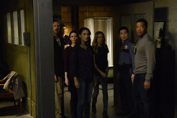 Silas Weir Mitchell as Monroe, David Giuntoli as Nick Burkhardt, Bitsie Tulloch as Eve, Bree Turner as Rosalee Calvert, Claire Coffee as Adalind Schade, Reggie Lee as Sergeant Wu, and Russell Hornsby as Hank Griffin. (Photo by: Allyson Riggs/NBC)