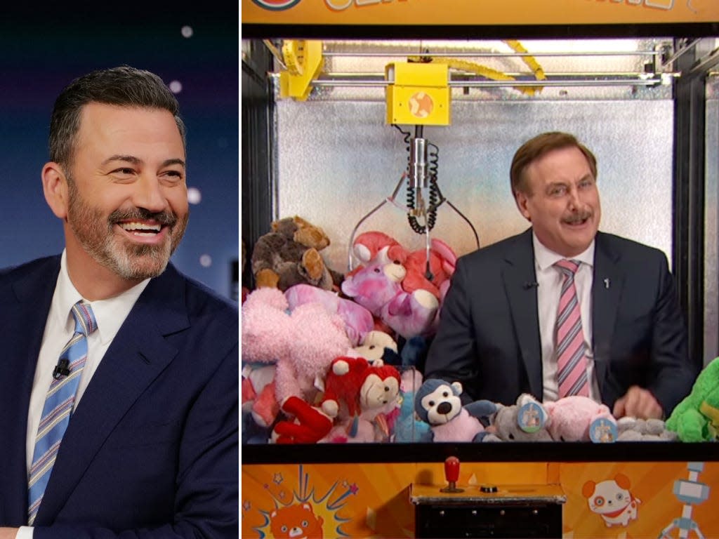 A composite image of Jimmy Kimmel in a suit (left) and MyPillow CEO Mike Lindell sitting inside a giant claw machine, surrounded by stuffed animals.