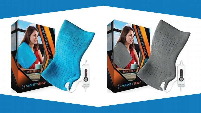 Two images of the Mighty Bliss heating pad are shown side by side in blue and grey.
