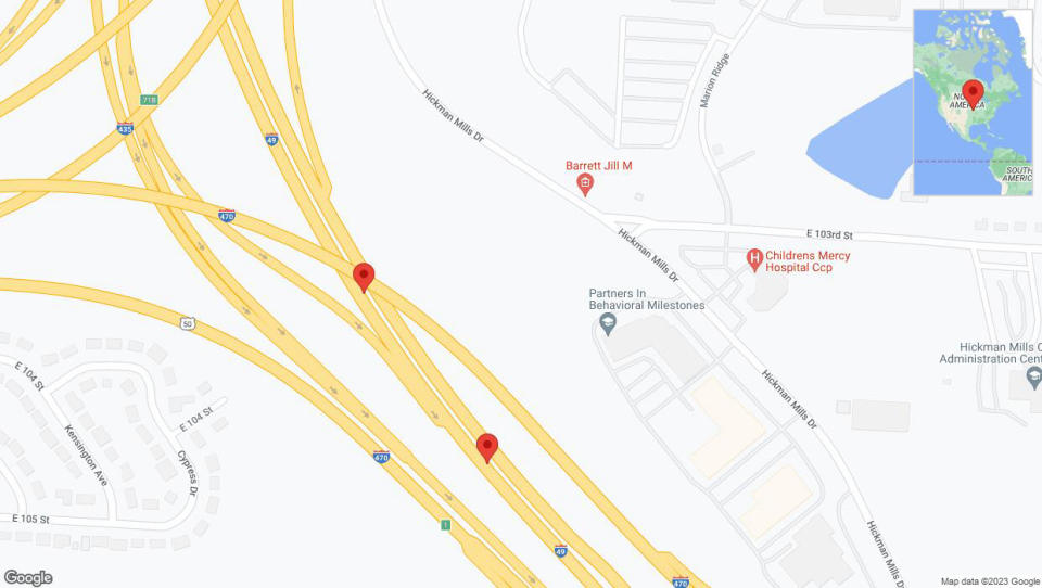 A detailed map that shows the affected road due to 'Broken down vehicle on southbound I-40/US-71 in Kansas City' on September 18th at 7:38 p.m.