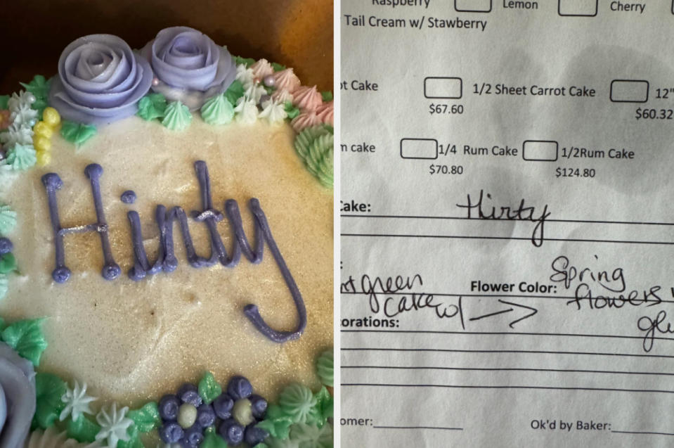 Cake with misspelled "Happy Birthday" as "Hirdy Bithdy" next to order form showing correct spelling