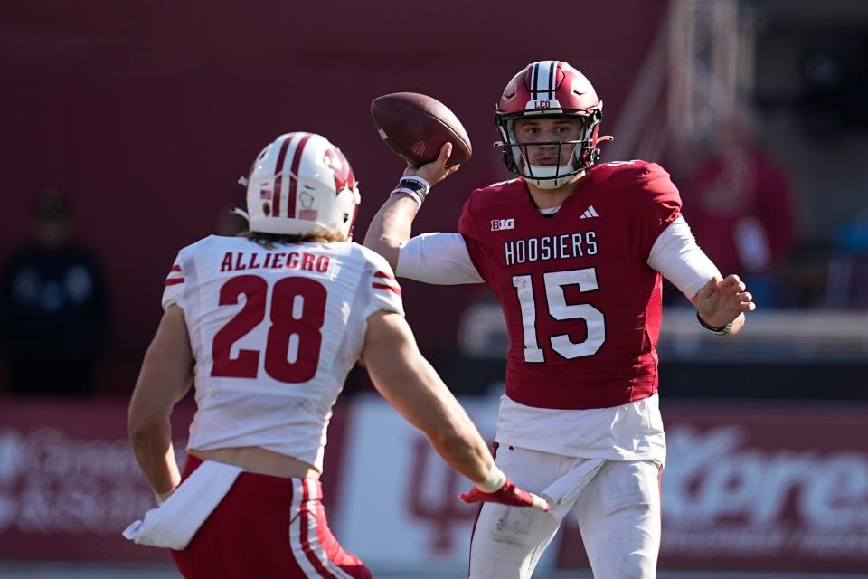 Brendan Sorsby (15) throws for Indiana against Wisconsin last November. Sorsby is now the frontrunner to be UC's next starting quarterback.