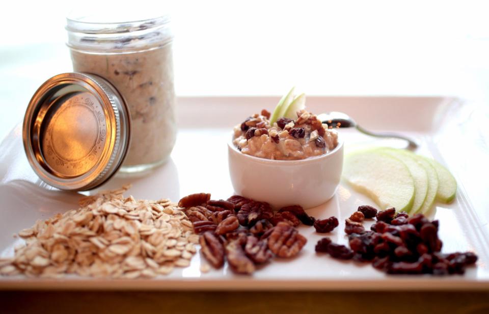 Overnight Oatmeal with Apples, Raisins, and Toasted Pecans.