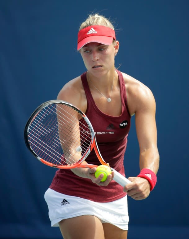 Angelique Kerber of Germany prepares to serve in her third round match against Barbora Strycova of Czechia, during the Western & Southern Open, at the Lindner Family Tennis Center in Mason, Ohio, on August 18, 2016