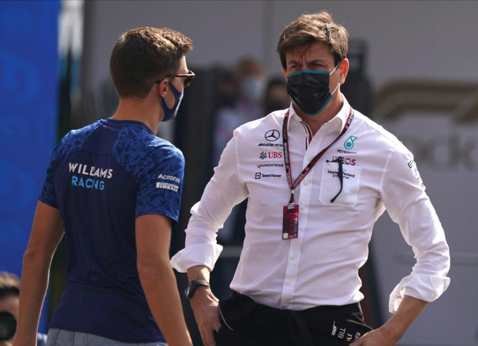 George Russell speaks with Mercedes boss Toto Wolff at the Mexican GP (Fernando Llano/AP) (AP)