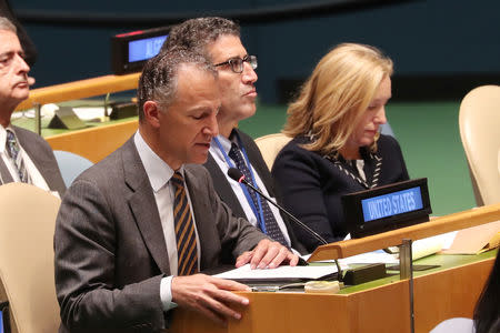 U.S. deputy UN ambassador Jonathan Cohen speaks after members of the United Nations General Assembly voted on whether to allow the Palestinians to procedurally act like a member state during meetings in 2019 when they will chair the group of 77 developing nations at the United Nations in New York, U.S., October 16, 2018. REUTERS/Shannon Stapleton