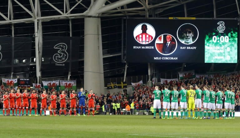 Players from both sides observe a minute of applause in memory of Derry City captain Ryan McBride, Former FAI president Michael 'Milo' Corcoran and former Irish international player Ray Brady ahead of the World Cup 2018 qualification football match