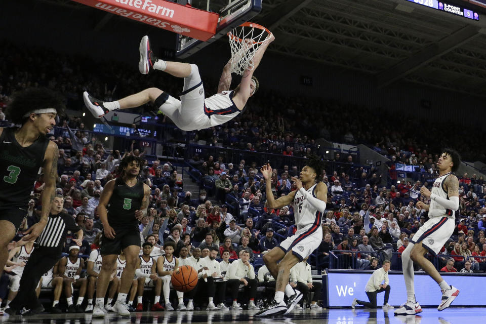 Gonzaga forward Drew Timme dunks during the second half of an NCAA college basketball game against Chicago State, Wednesday, March 1, 2023, in Spokane, Wash. Gonzaga won 104-65. (AP Photo/Young Kwak)