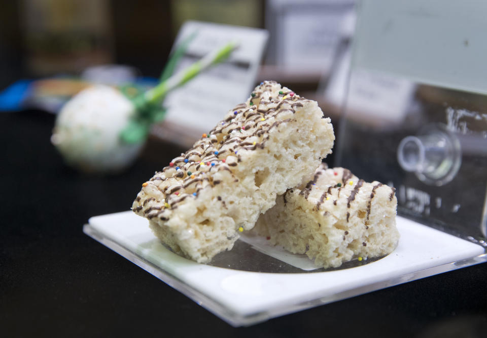 Marijuana edibles are displayed at a dispensary in Las Vegas on Jan. 4, 2018. The number of young kids, especially toddlers, who accidentally ate marijuana-laced treats rose sharply over five years as pot became legal in more places in the U.S., according to an analysis published Tuesday, Jan. 3, 2022, in the journal Pediatrics. (Steve Marcus=NVLVS