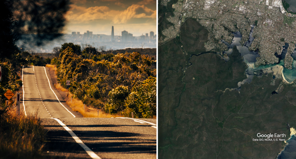 Left - a road running through the park with the city in the background. Right - an aerial view of the park.