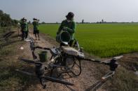 A worker loads fertilizer into a tank attached to a large drone, preparing to spray it over Vo Van Van's rice fields in Long An province in southern Vietnam's Mekong Delta, Tuesday, Jan. 23, 2024. Using less water and using a drone to fertilize are new techniques that Van is trying and Vietnam hopes will help solve a paradox at the heart of growing rice: The finicky crop isn't just vulnerable to climate change but also contributes uniquely to it. (AP Photo/Jae C. Hong)