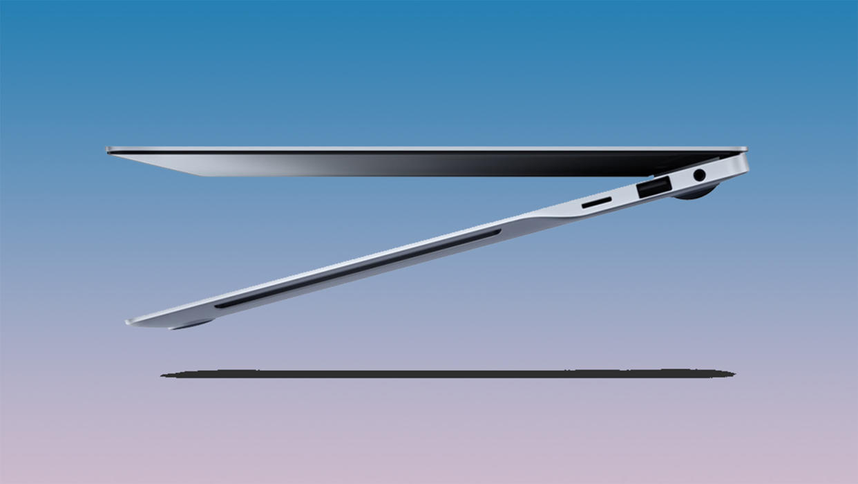  Sideview of Samsung Galaxy Book4 Edge slightly openon a gradient background with shadow below it. 