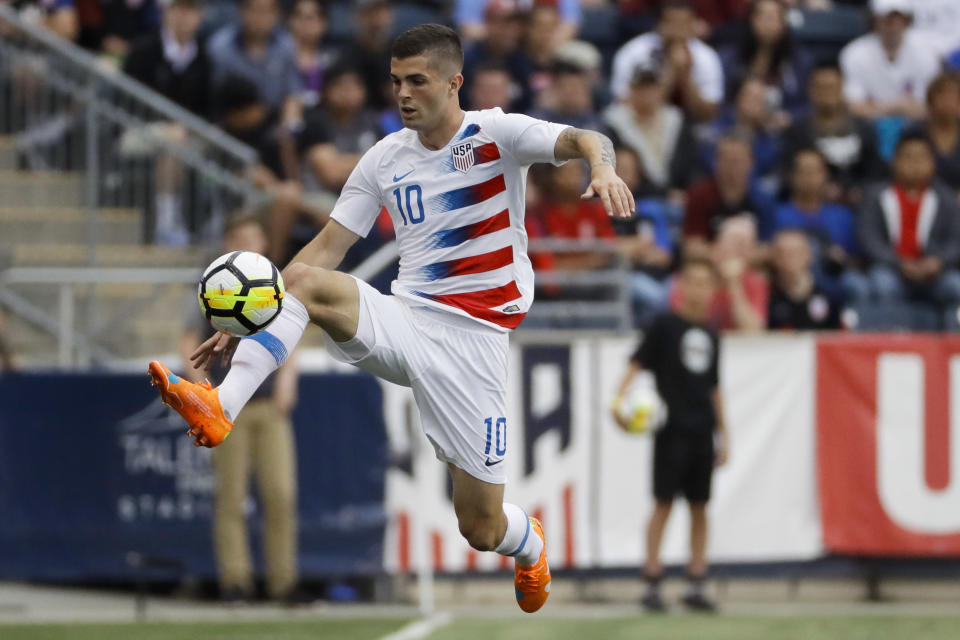 United States’ Christian Pulisic leaps for the ball during the first half of an international friendly soccer match against Bolivia, Monday, May 28, 2018, in Chester, Pa. The United States won 3-0. (AP Photo/Matt Slocum)