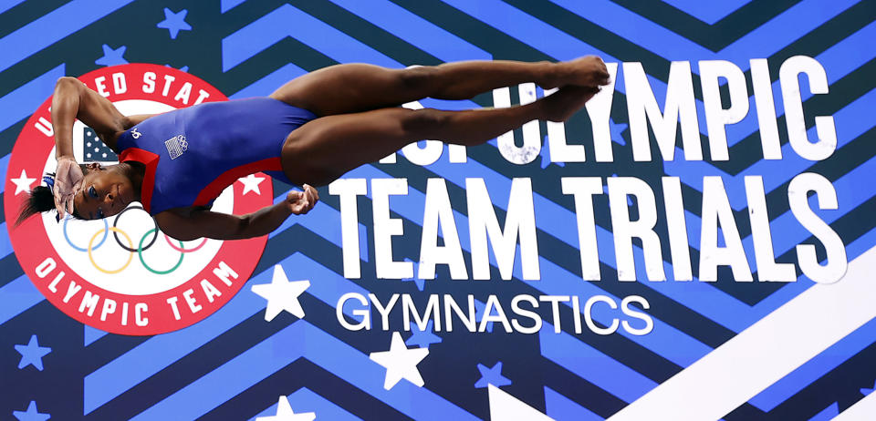 ST LOUIS, MISSOURI - JUNE 25:  Simone Biles warms up on the vault prior to the Women's competition of the 2021 U.S. Gymnastics Olympic Trials at America’s Center on June 25, 2021 in St Louis, Missouri. (Photo by Jamie Squire/Getty Images)