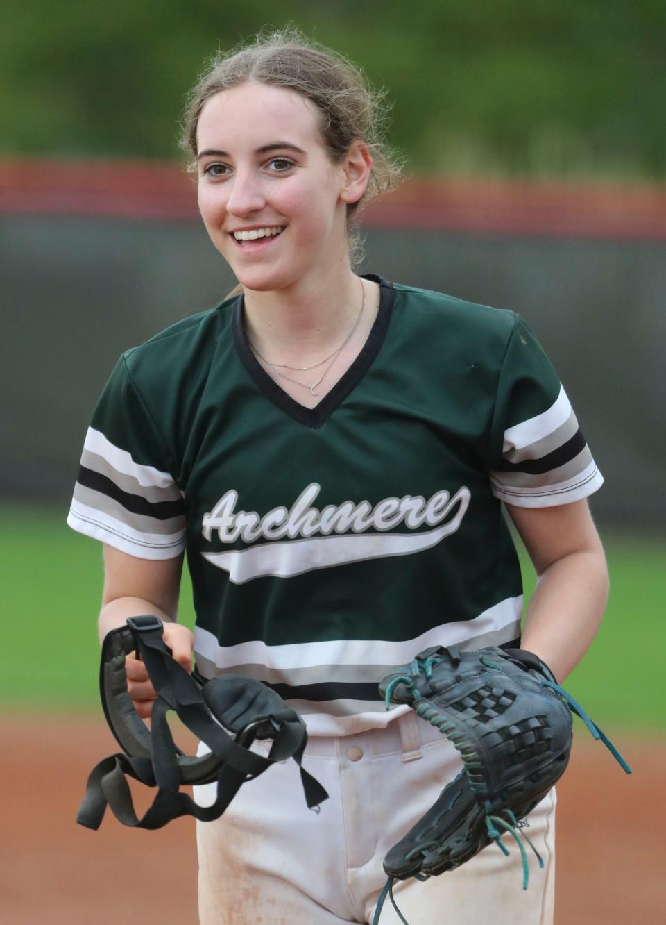 Archmere pitcher Meredith Finger closes out a 17-6 victory at Red Lion Christian on April 19. The sophomore also excels on the Auks' top-ranked golf team.
