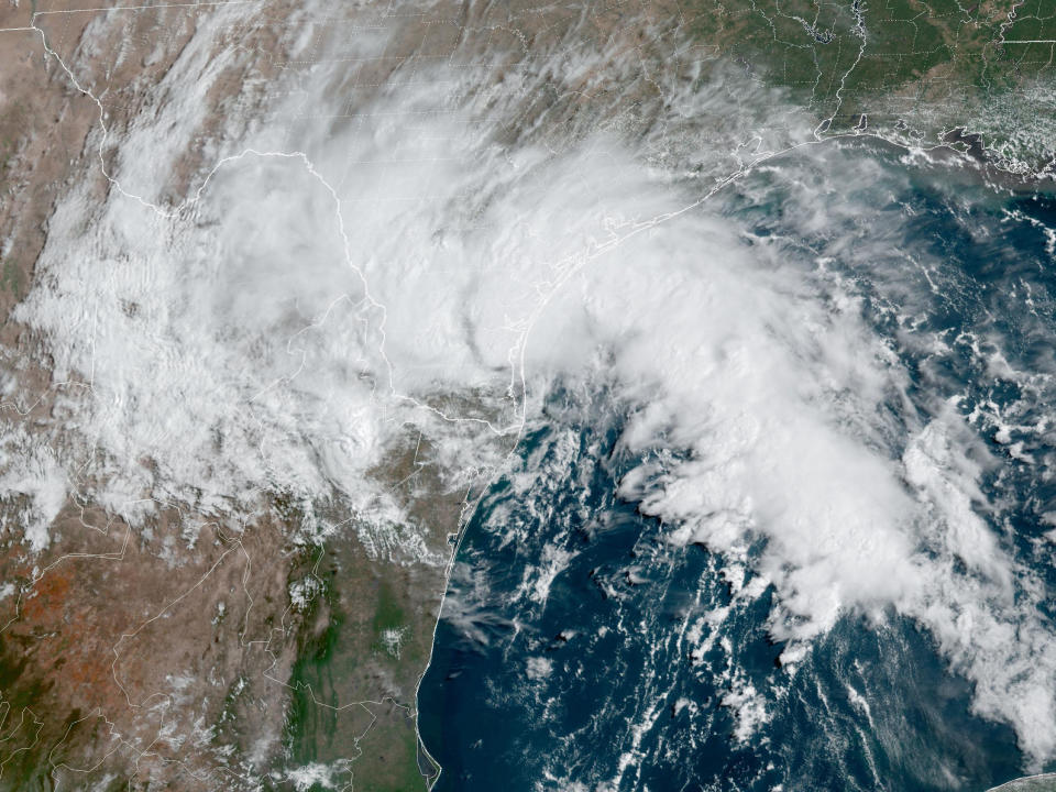 An infrared satellite image shows Tropical Storm Harold hitting Texas at 10:10 a.m. CDT on Aug. 22, 2023. / Credit: NOAA/NESDIS/STAR GOES-East
