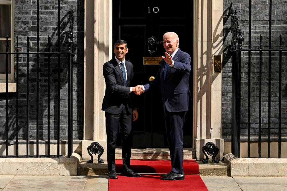 British Prime Minister Rishi Sunak welcomes US President Joe Biden at 10 Downing Street on July 10, 2023 in London, England.