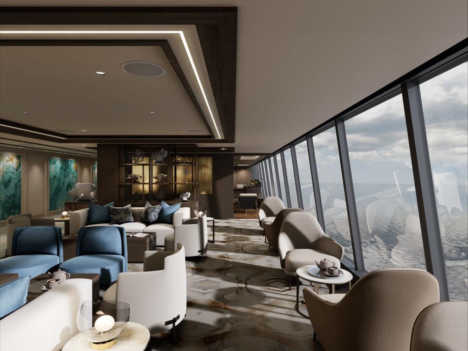 A rendering of a bar and lounge aboard Explora Journeys' cruise ship.