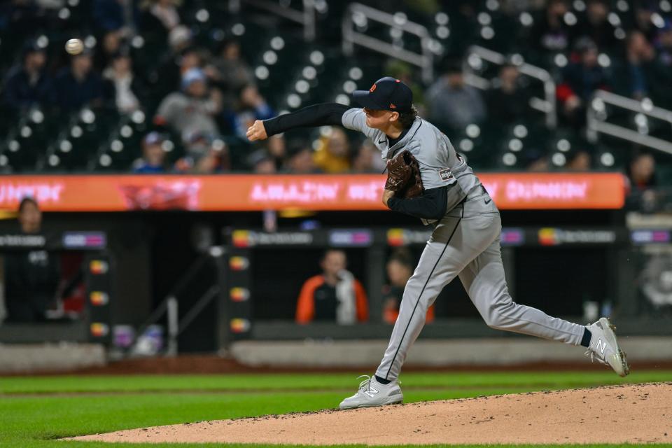 Detroit Tigers starting pitcher Reese Olson pitches against the New York Mets during the third inning at Citi Field in New York City, New York on April 1, 2024.