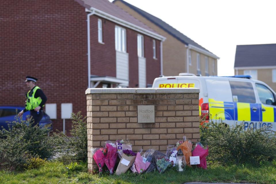 Flowers left at the scene in Bluntisham, Cambridgeshire, where police found the body of Joshua Dunmore  (Joe Giddens/PA) (PA Wire)