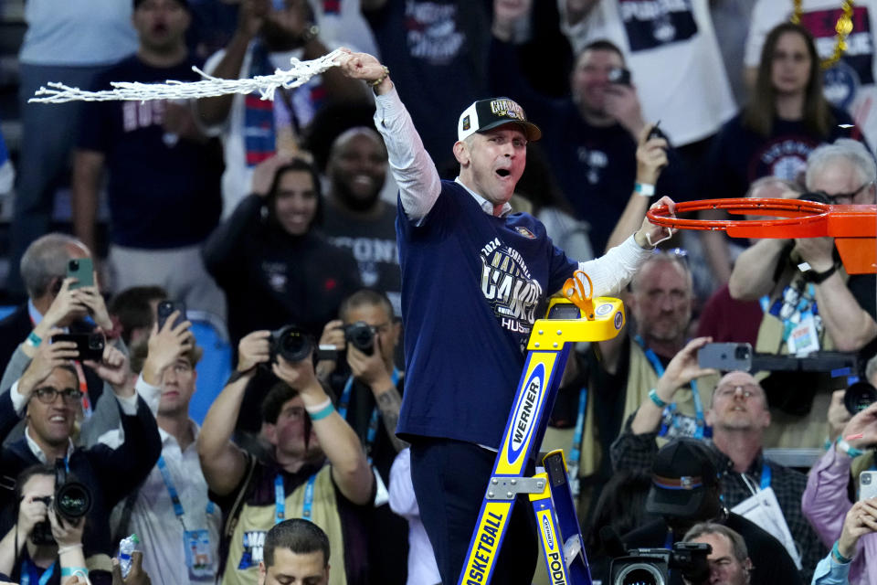 UConn head coach Dan Hurley celebrates after the NCAA college Final Four championship basketball game against Purdue, Monday, April 8, 2024, in Glendale, Ariz. (AP Photo/Ross D. Franklin)